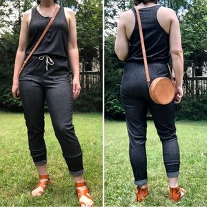 Charcoal Chambray Tank Top Jumpsuit with Drawstring Waist and Pockets, Size M